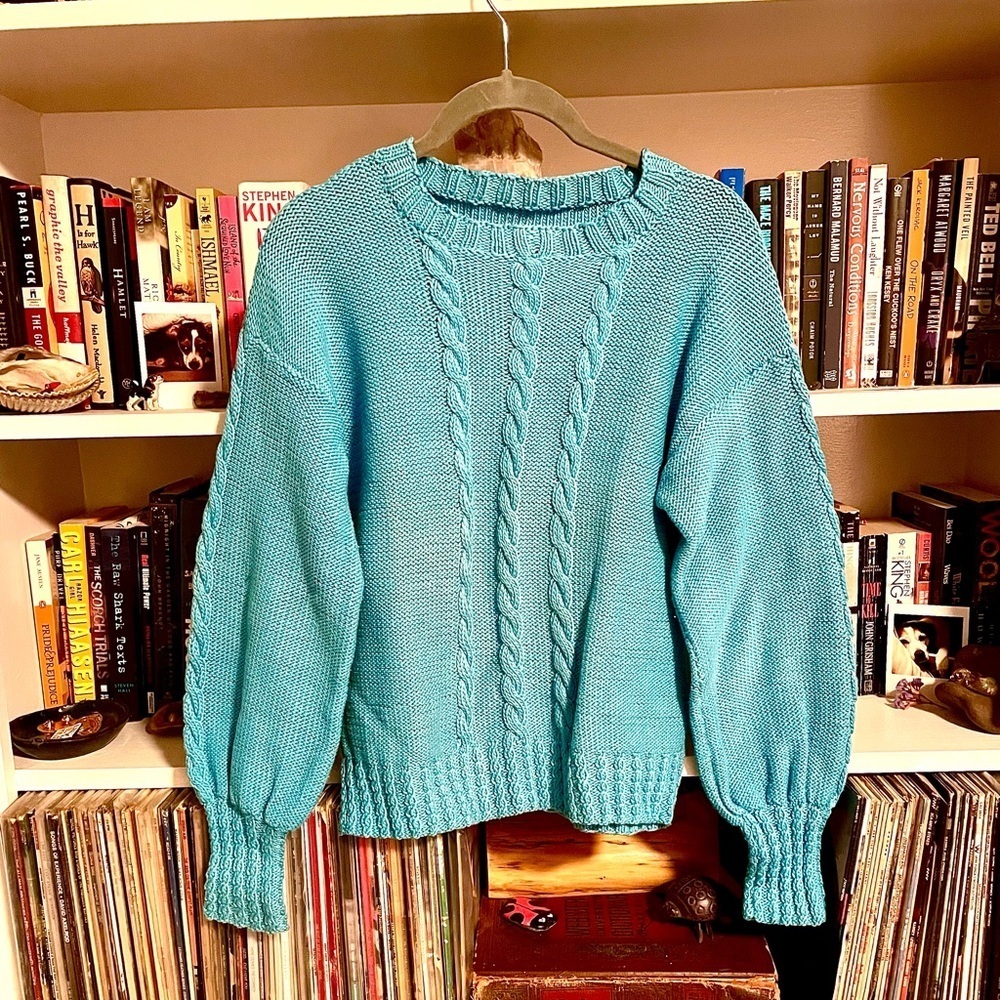 Vintage Handmade 1970s Wool Aqua Blue Balloon Sleeve Knit Sweater Braided XS–M